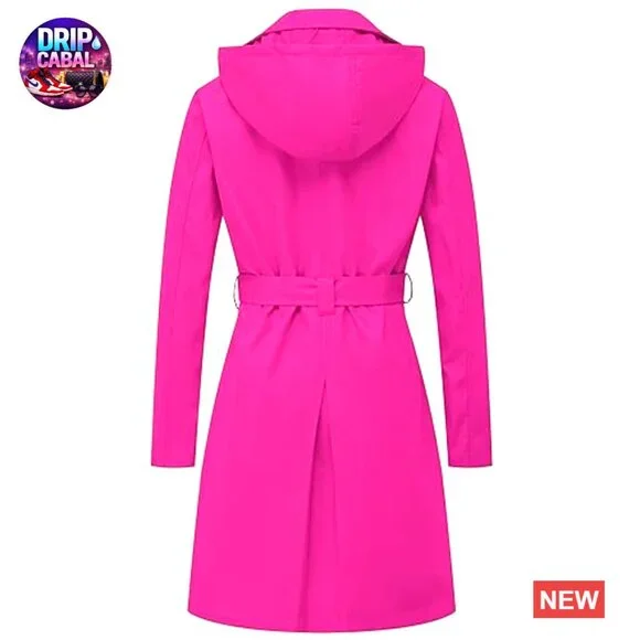 Double Breasted Trench Coat Mid-Length Belted Overcoat with Detachable Hood - Picture 3 of 7